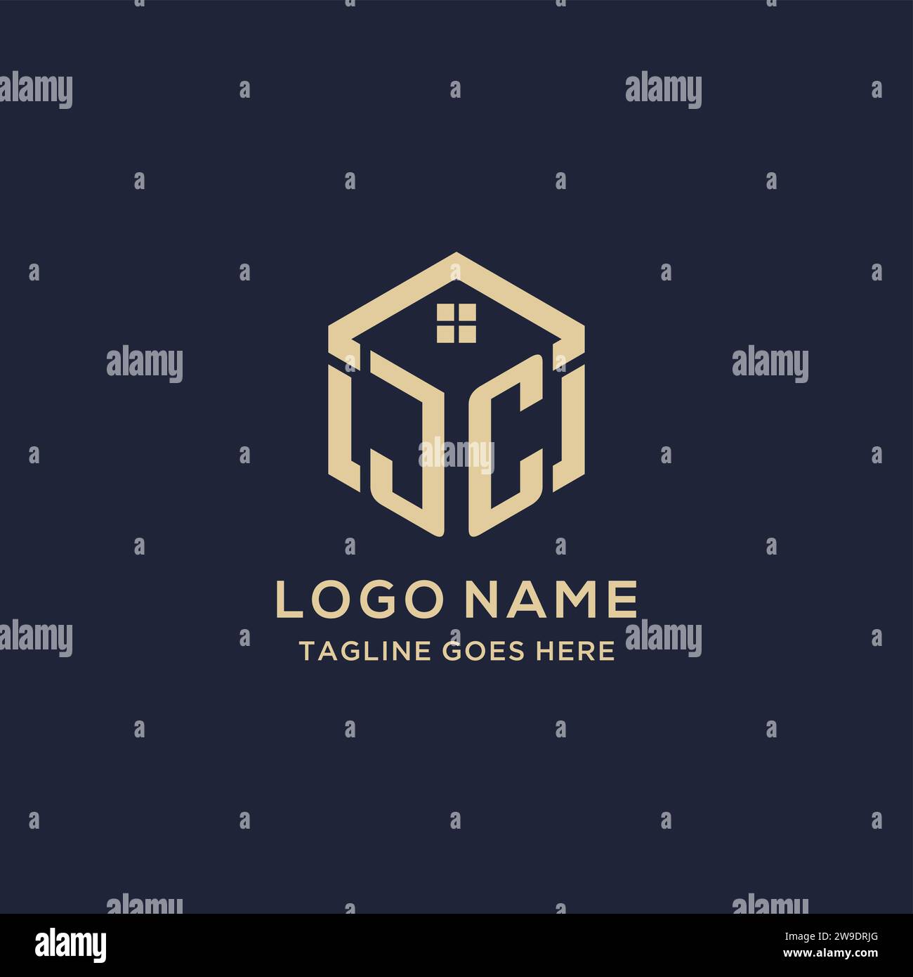 Initials JC logo with abstract home roof hexagon shape, simple and