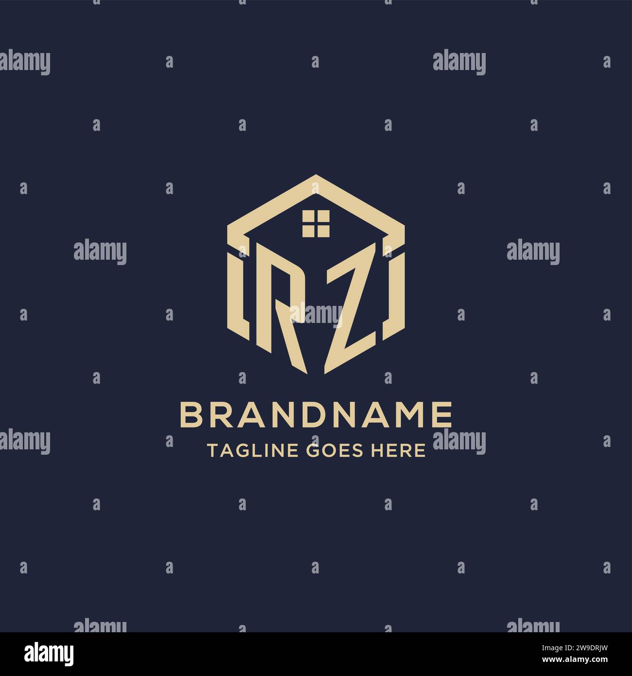 Initials RZ logo with abstract home roof hexagon shape, simple and ...