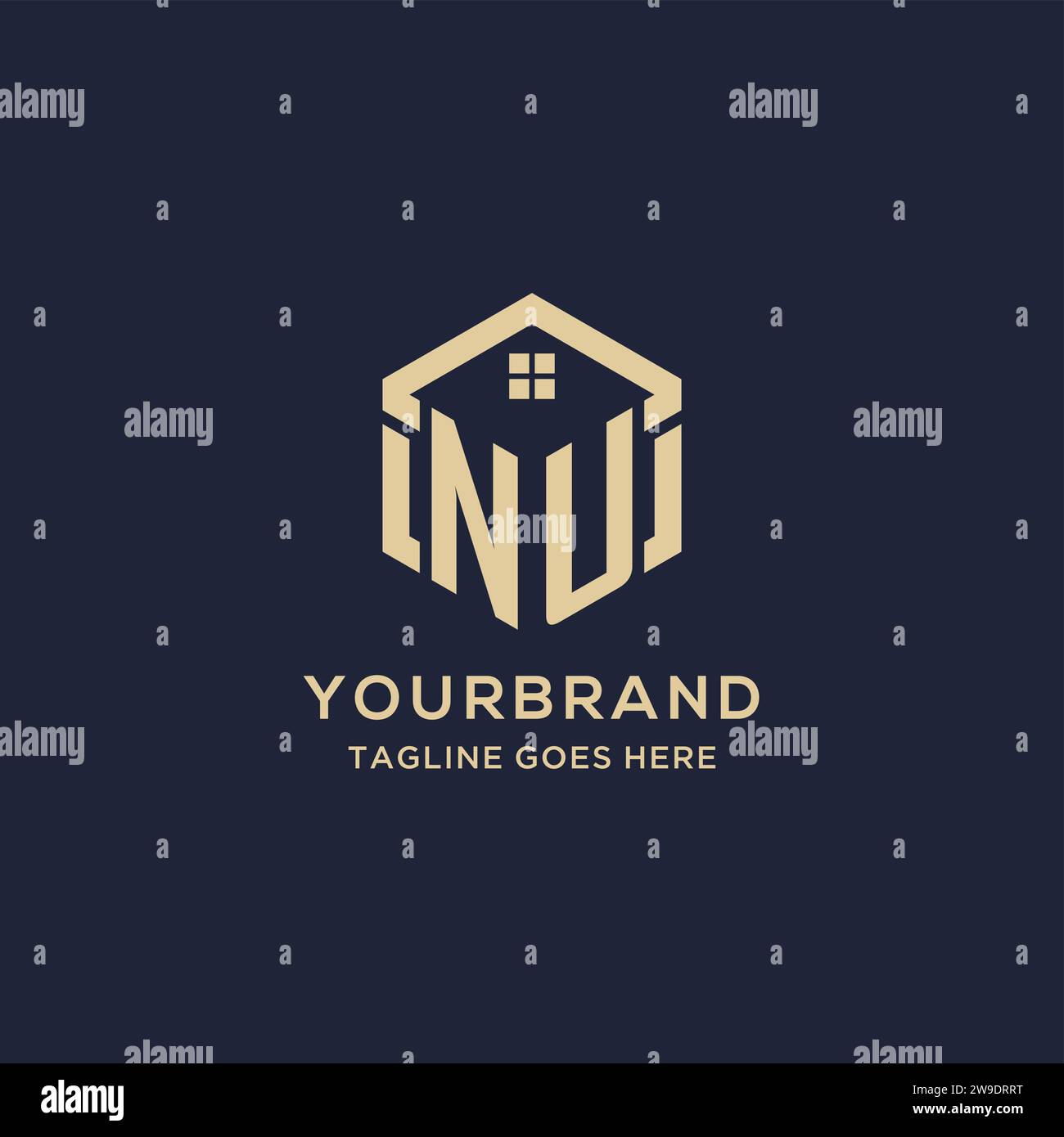 Initials NU logo with abstract home roof hexagon shape, simple and modern real estate logo design vector graphic Stock Vector