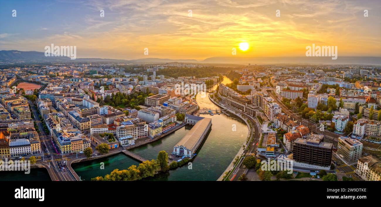 Geneva, Switzerland skyline view over the river at sunset. Stock Photo