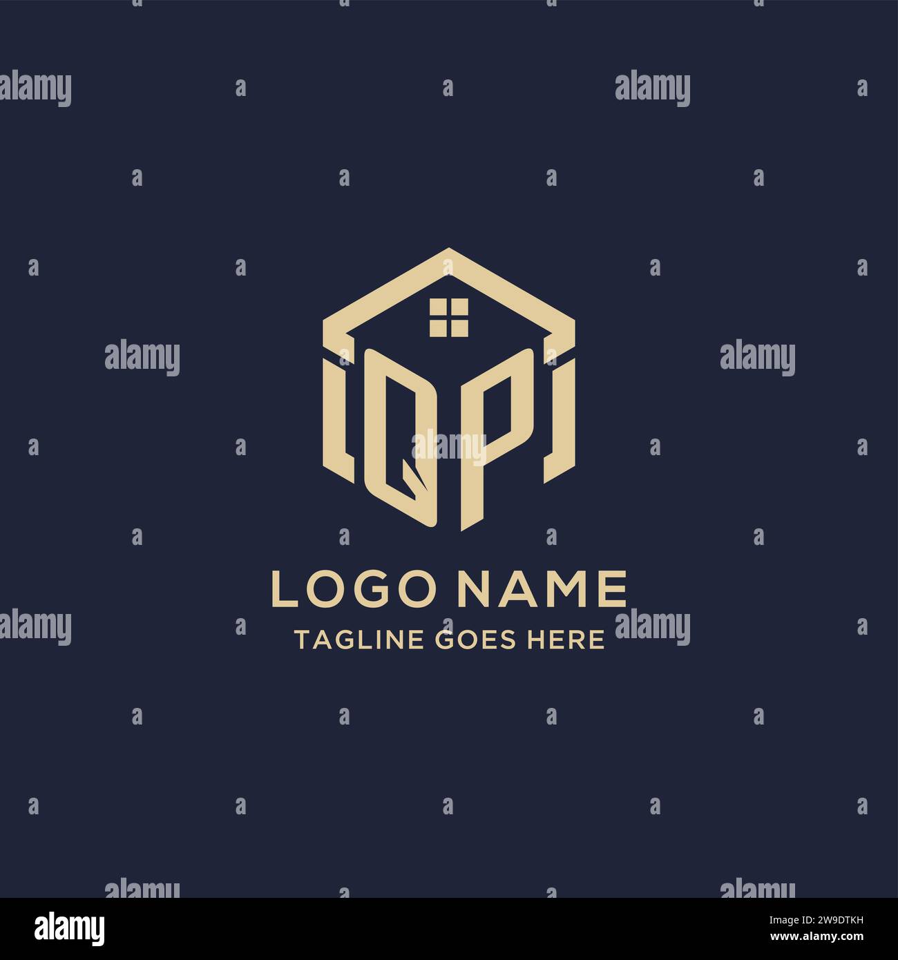 Initials QP logo with abstract home roof hexagon shape, simple and ...