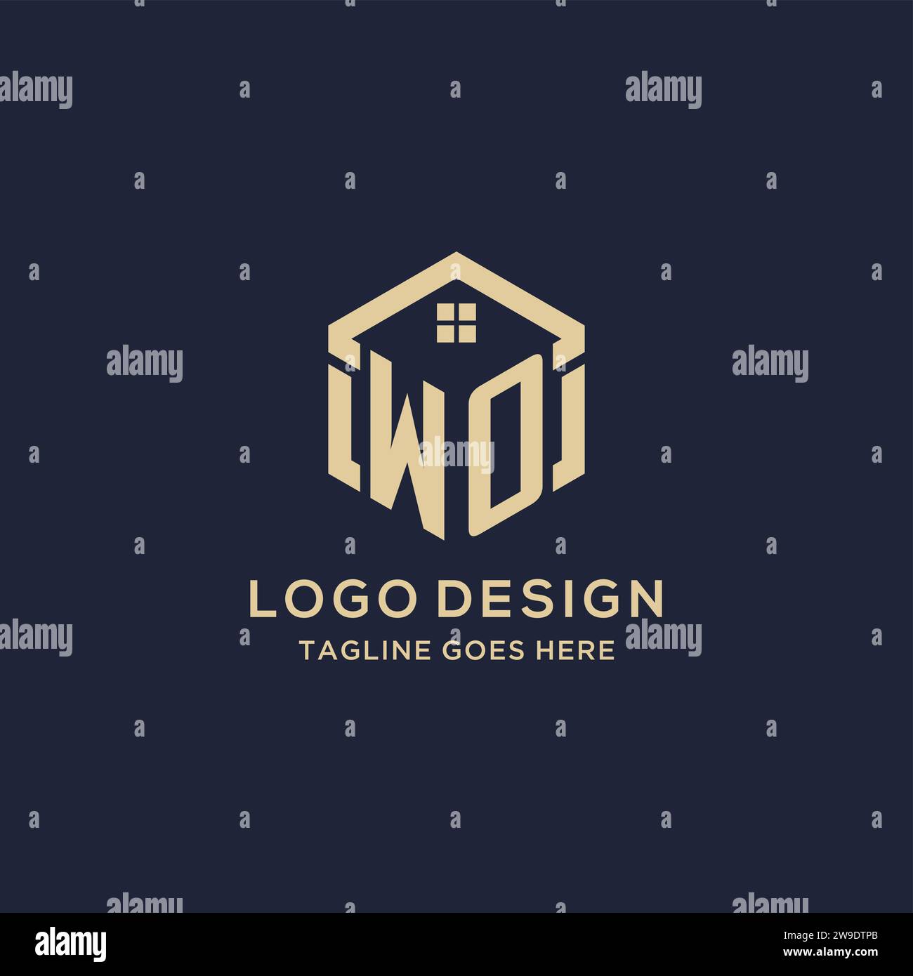 Initials WO logo with abstract home roof hexagon shape, simple and
