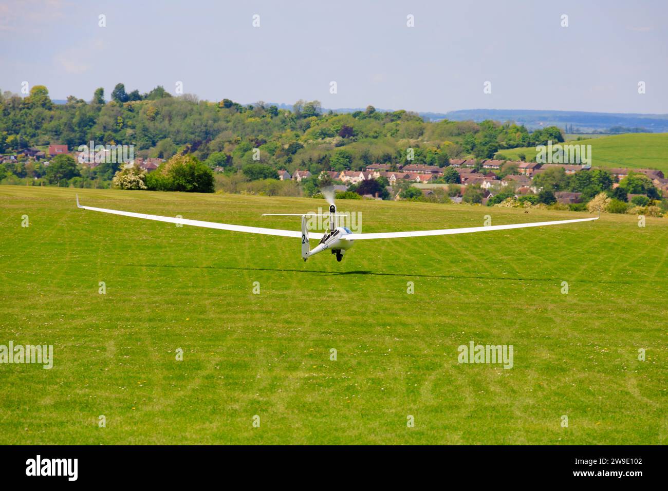 Self launch motor glider, ASH26E, G-CCLR,  taking off from the London Gliding Club, Dunstable, Bedfordshire, England. Stock Photo