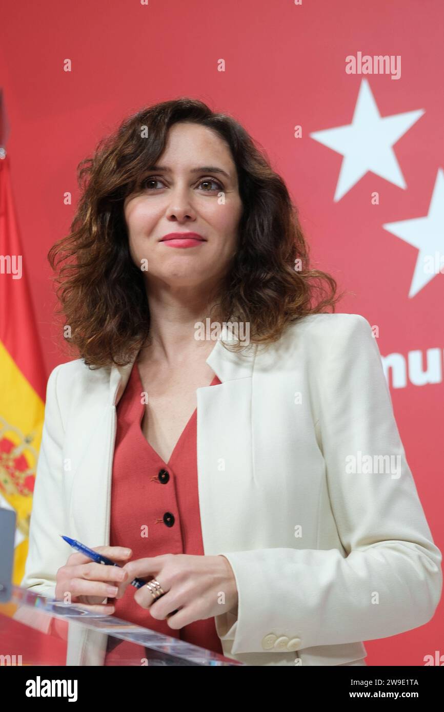 he president of the Community of Madrid, Isabel Diaz Ayuso, during a press conference after a meeting of the Governing Council of the Community of Mad Stock Photo