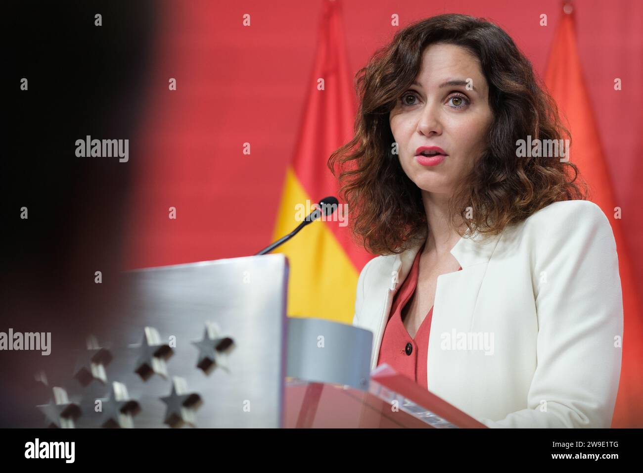 he president of the Community of Madrid, Isabel Diaz Ayuso, during a press conference after a meeting of the Governing Council of the Community of Mad Stock Photo