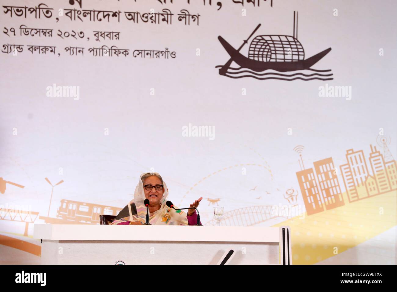 Dhaka, Bangladesh - December 27, 2023: Prime Minister Sheikh Hasina announced the election manifesto of Awami League on the occasion of the 12th Natio Stock Photo