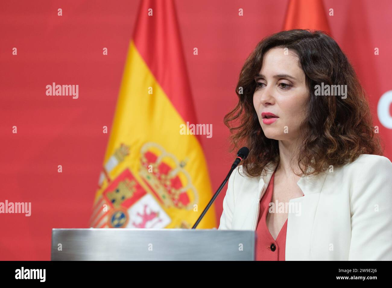 Madrid, Spain. 27th Dec, 2023. he president of the Community of Madrid, Isabel Diaz Ayuso, during a press conference after a meeting of the Governing Council of the Community of Madrid, on 27 December, 2023 in Madrid, Spain. (Photo by Oscar Gonzalez/Sipa USA) (Photo by Oscar Gonzalez/Sipa USA) Credit: Sipa USA/Alamy Live News Stock Photo