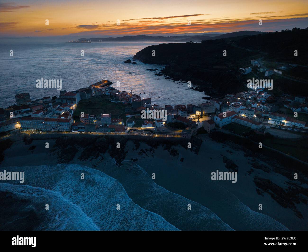 Aerial view of the town of Caión on the Galician coast. Laracha Stock