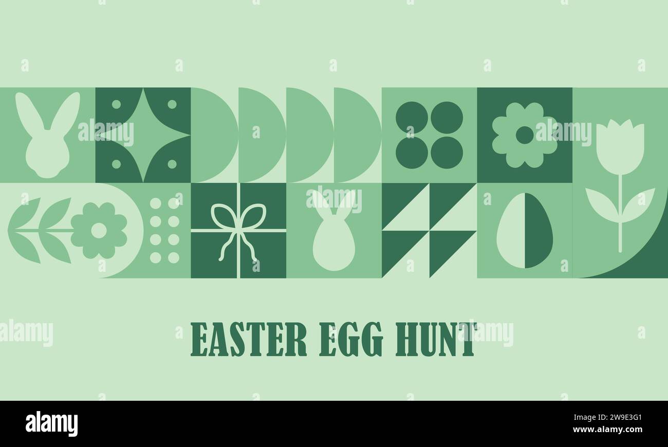 Easter egg hunt banner. Neo geometric pattern. Modern abstract background with green simple shapes, bunny and eggs. Vector illustration in bauhaus Stock Vector
