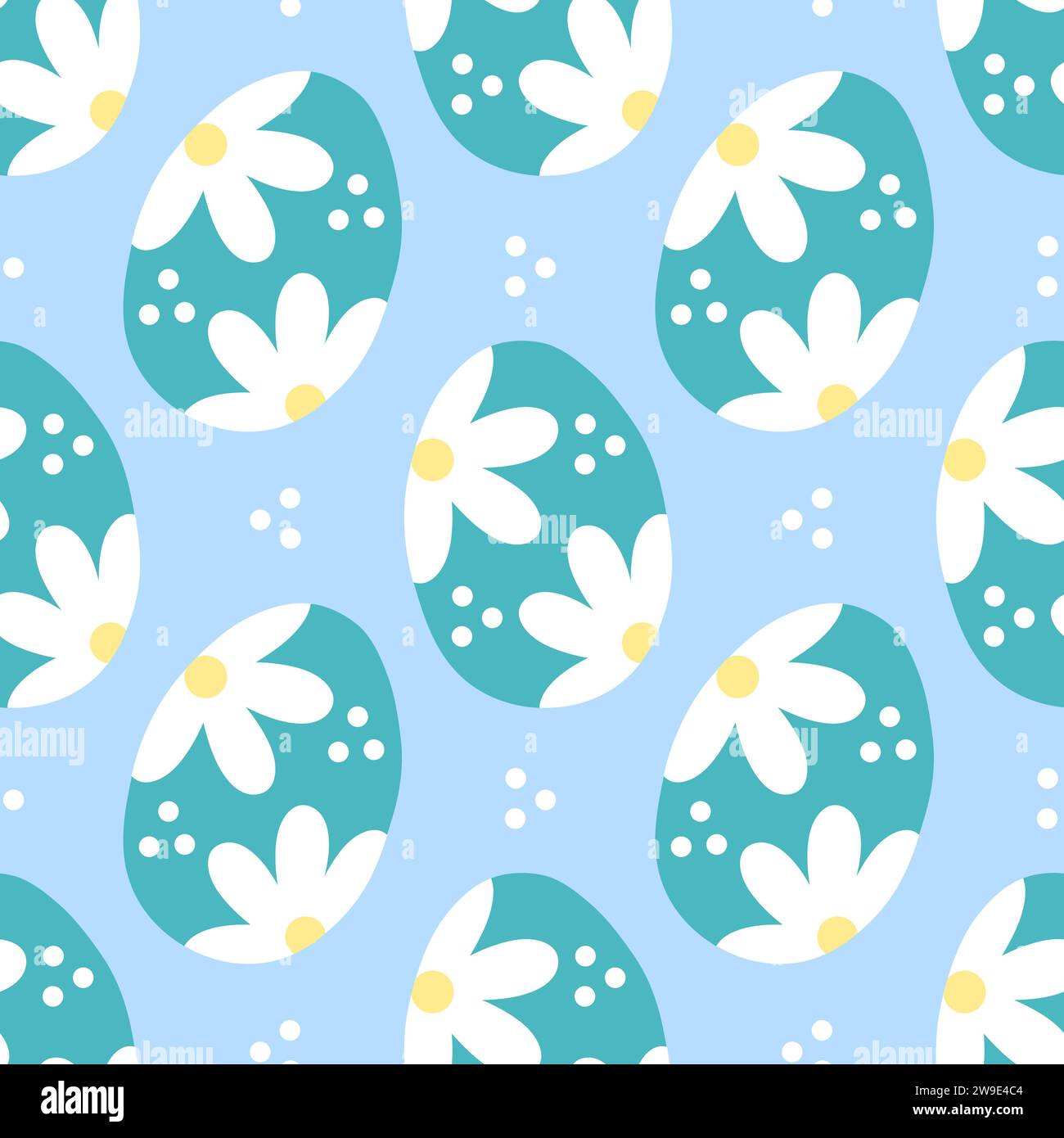 Pattern seamless with blue Easter eggs and flowers chamomiles. Happy Easter holiday background. Spring pattern design for postcard, wrapping paper Stock Vector