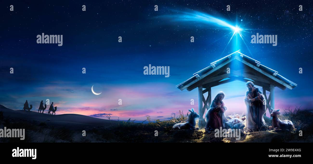 Nativity Of Jesus With Comet Star - Scene With The Holy Family In Desert Night And Starry Sky - Abstract Defocused Background Stock Photo