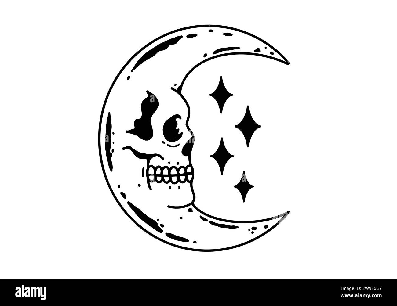 Luna half moon with skull face black and white design Stock Photo