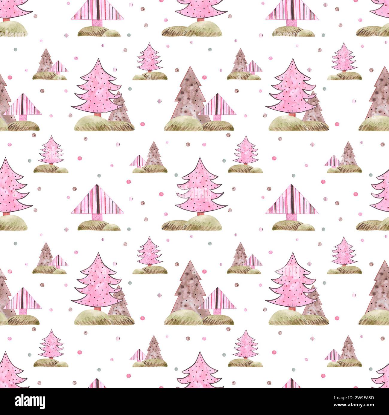 Hand drawn watercolor abstract fir tree seamless pattern isolated on ...