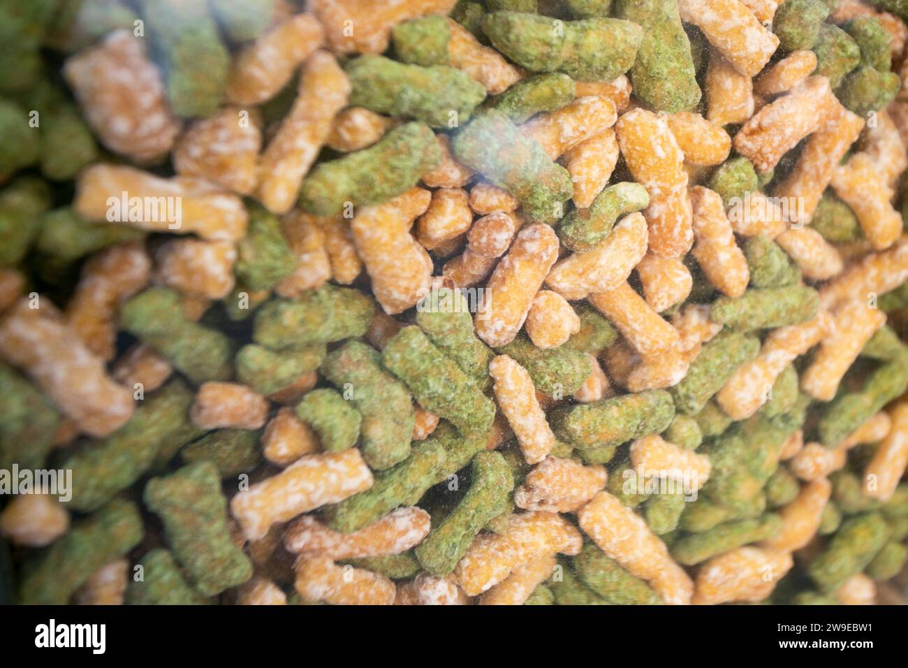 Japanese Rice cracker in Tokyo. A rice cracker is an East Asian cracker made from bleached or unbleached rice flour. Stock Photo