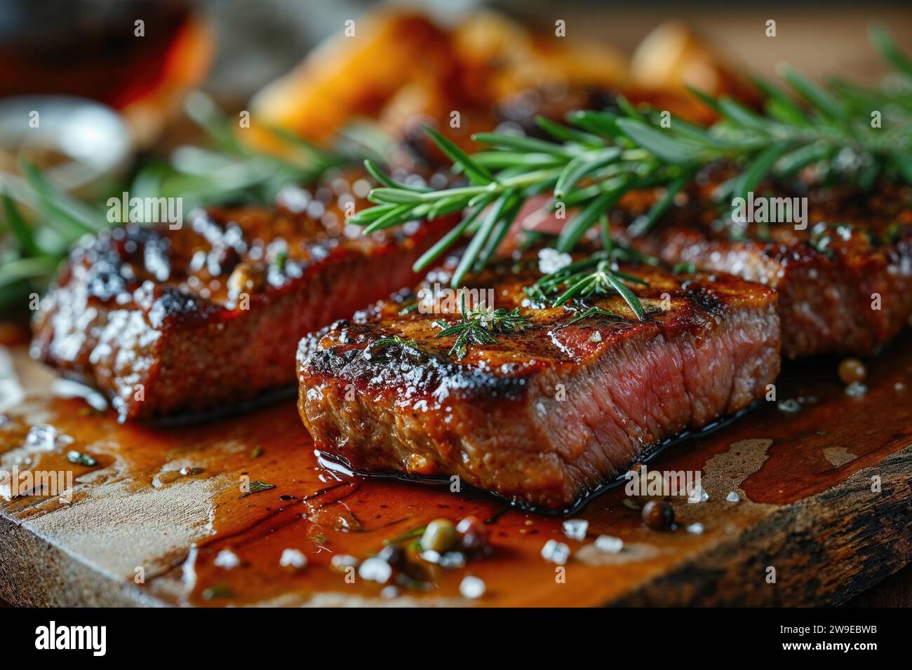 Grilled medium rib eye steak with rosemary and tomato Stock Photo - Alamy