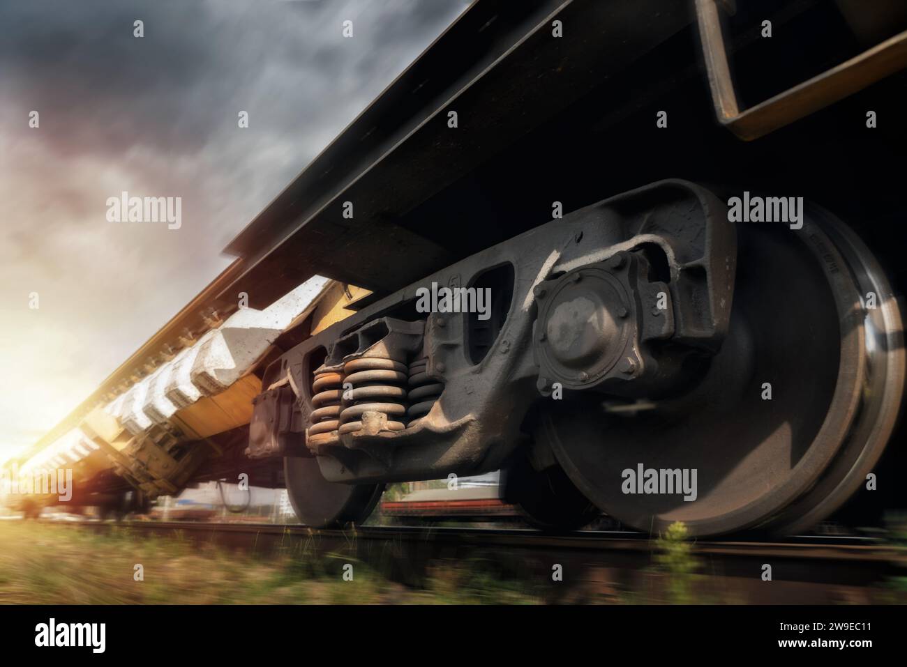 Freight train in motion. Freight transportation. Cargo delivery. Blur effect. Stock Photo