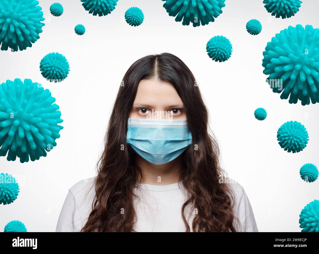 Covid-19 coronavirus infection spread concept. Portrait of a girl in a protective mask surrounded by bacteria of the coronavirus on white background. Stock Photo