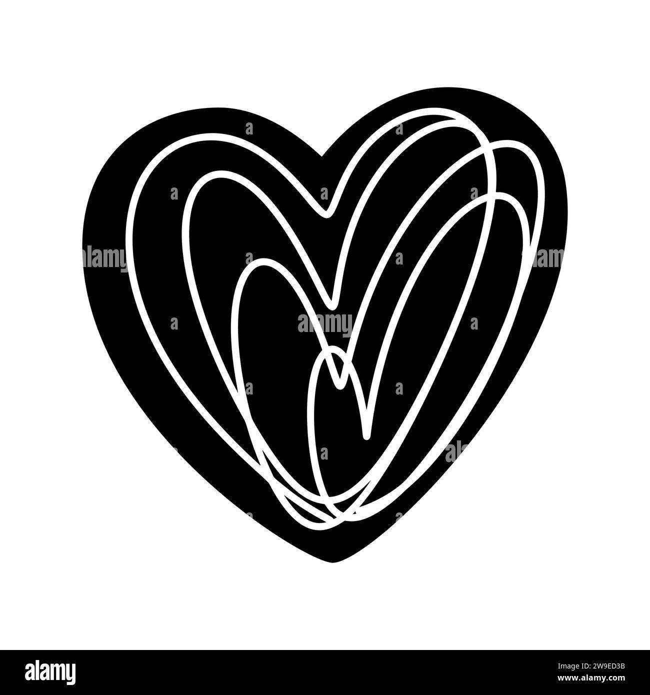 Hand drawn black heart love with white lines. Vector valentine logo ...