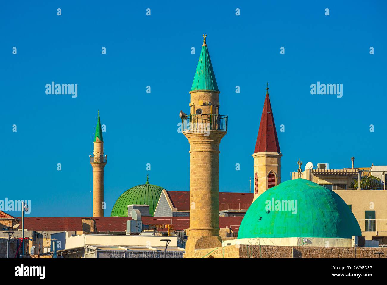 Mosques and churches, minarets and bell towers, Religious coexistence in the Middle East Stock Photo