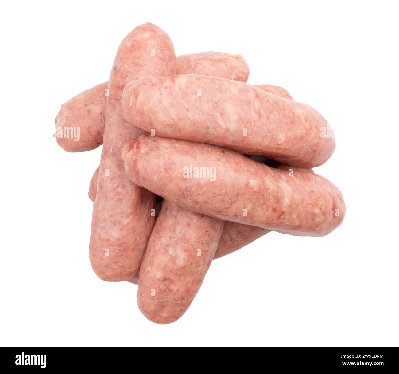 heap uncooked pork sausages isolated on white background with clipping