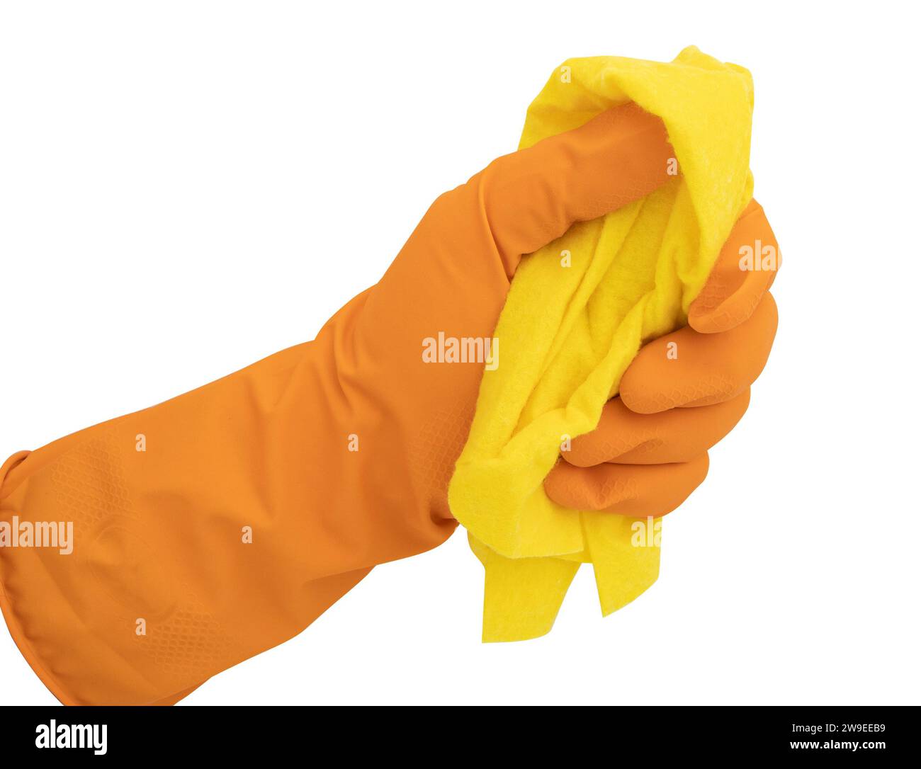 hand in rubber glove holds yellow rag on white background, house ...