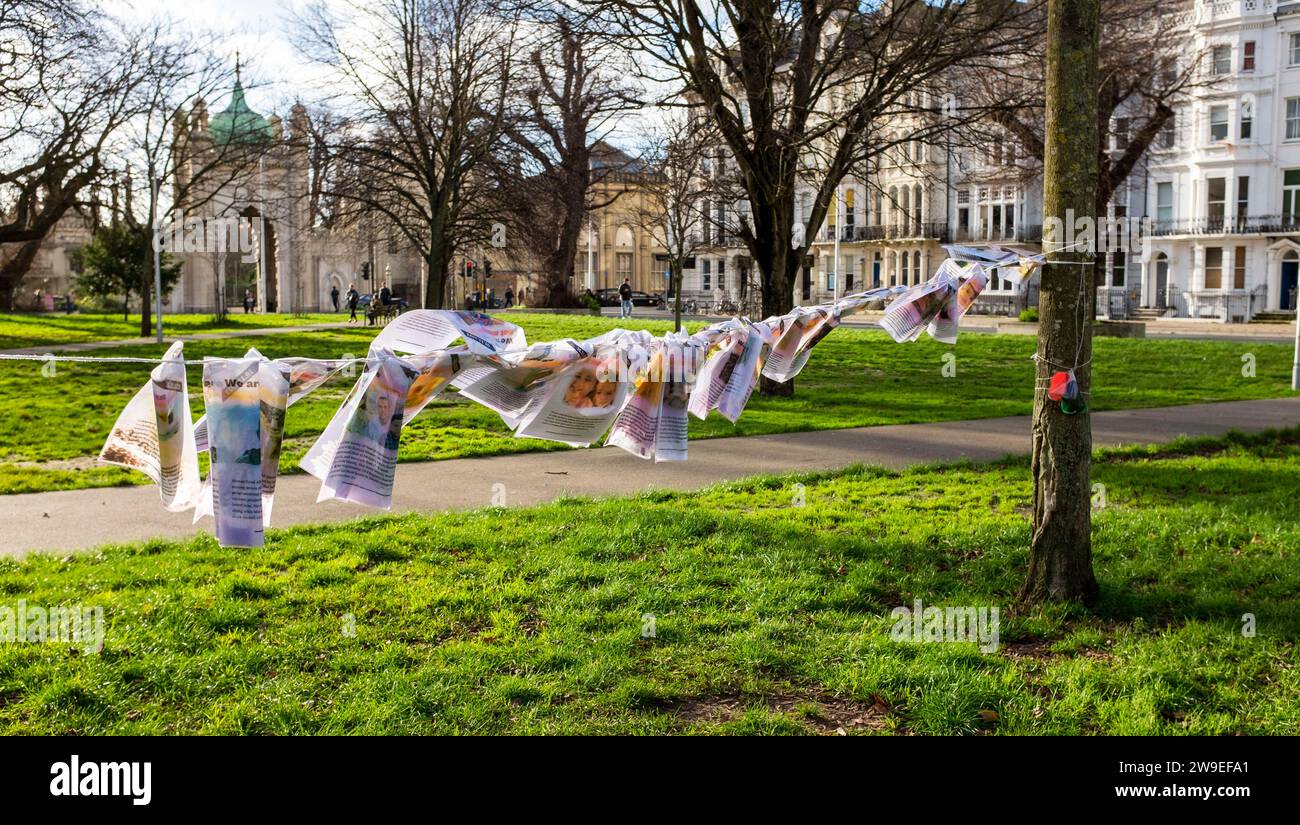 Posters in Brighton's Victoria Gardens showing those who have lost their lives in the GAZA war between Israel and HAMAS Stock Photo
