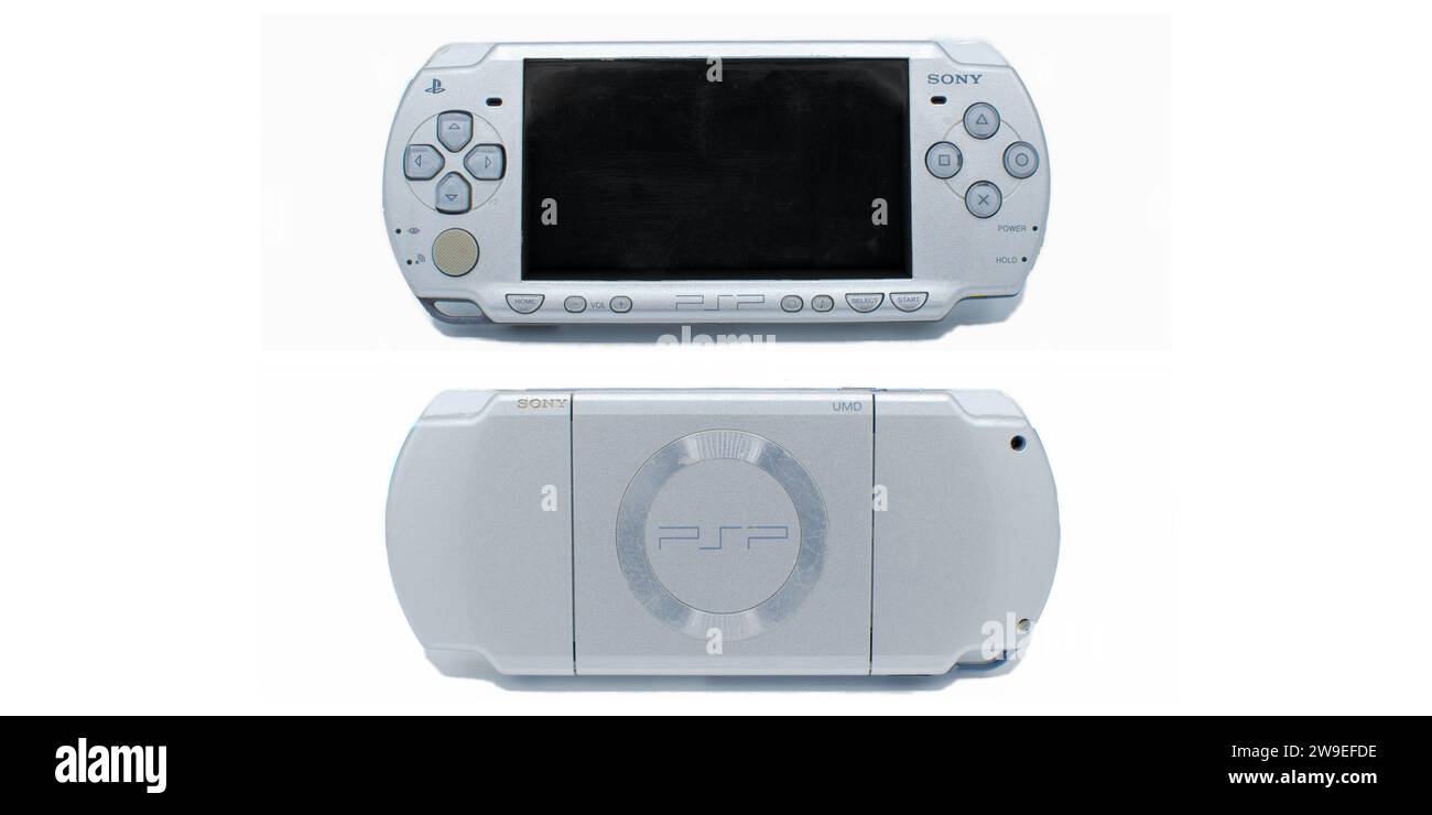 Ocala, Florida USA December 11, 2023 Front view of the famous Sony PSP Playstation Portable UMD universal media disc video game console grey color iso Stock Photo