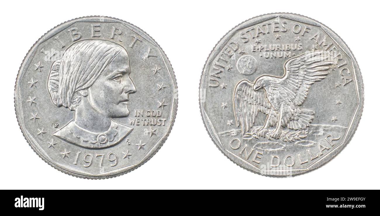 1979 P FG Susan B. Anthony Dollar front and back side. First circulating US coin to feature a woman, produced 79-81 and 99. Depicts suffragist Susan B Stock Photo