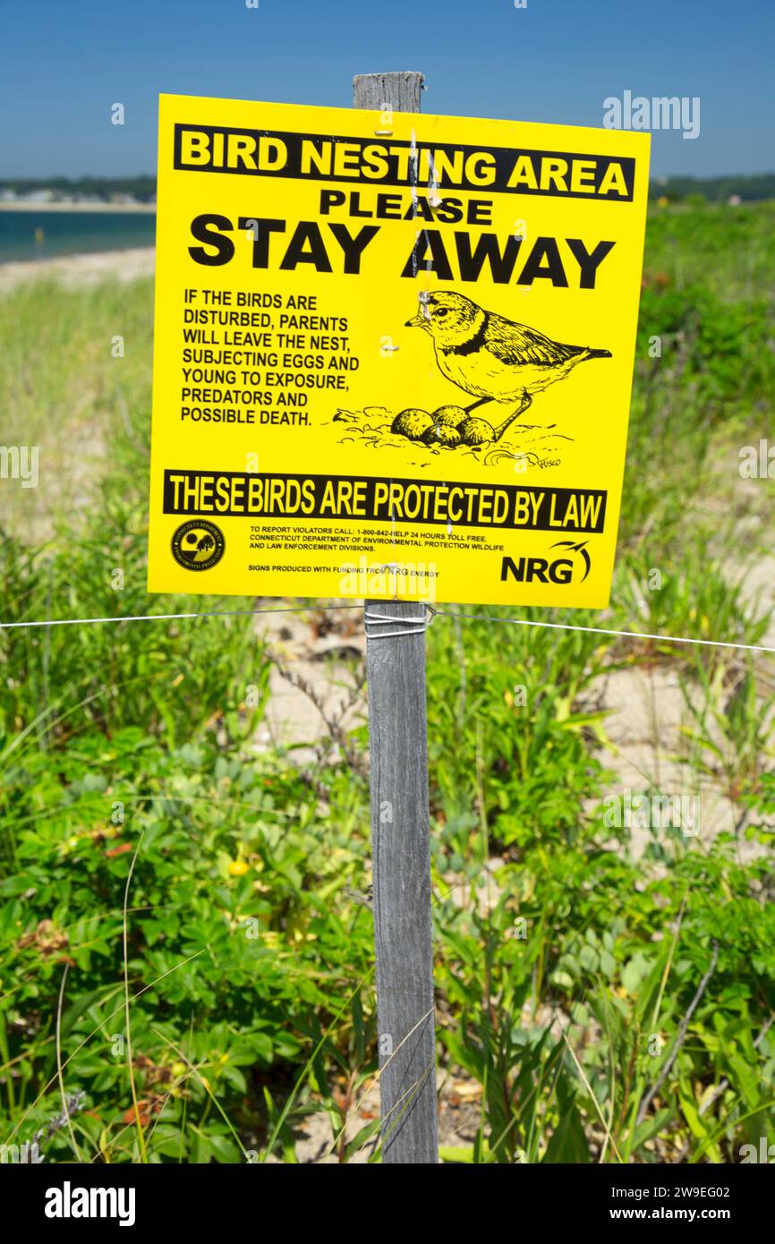 Endangered bird keep out sign, Bluff Point State Park, Connecticut Stock Photo