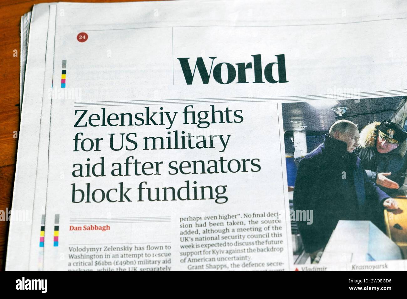 Volodymyr 'Zelenskiy fights for US military aid after senators block funding' Guardian newspaper headline Russia Ukraine war article 12 December 2023 Stock Photo