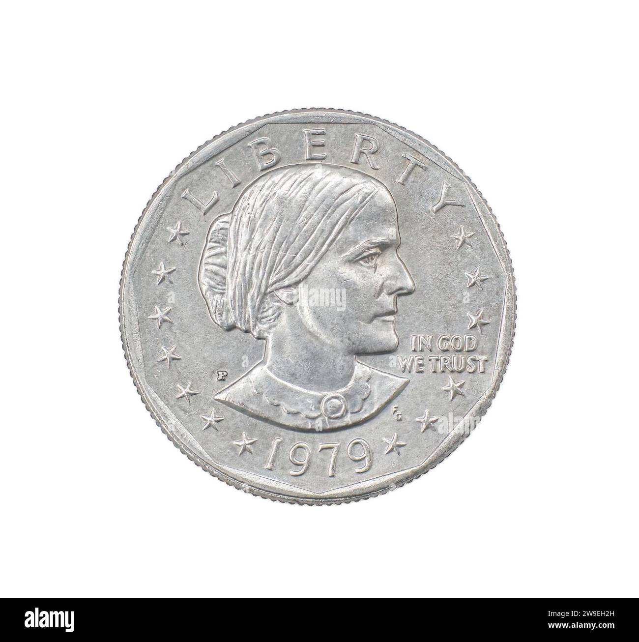 1979 P FG Susan B. Anthony Dollar front obverse side. First circulating US coin to feature a woman, produced 79-81 and 99. Depicts suffragist Susan B. Stock Photo