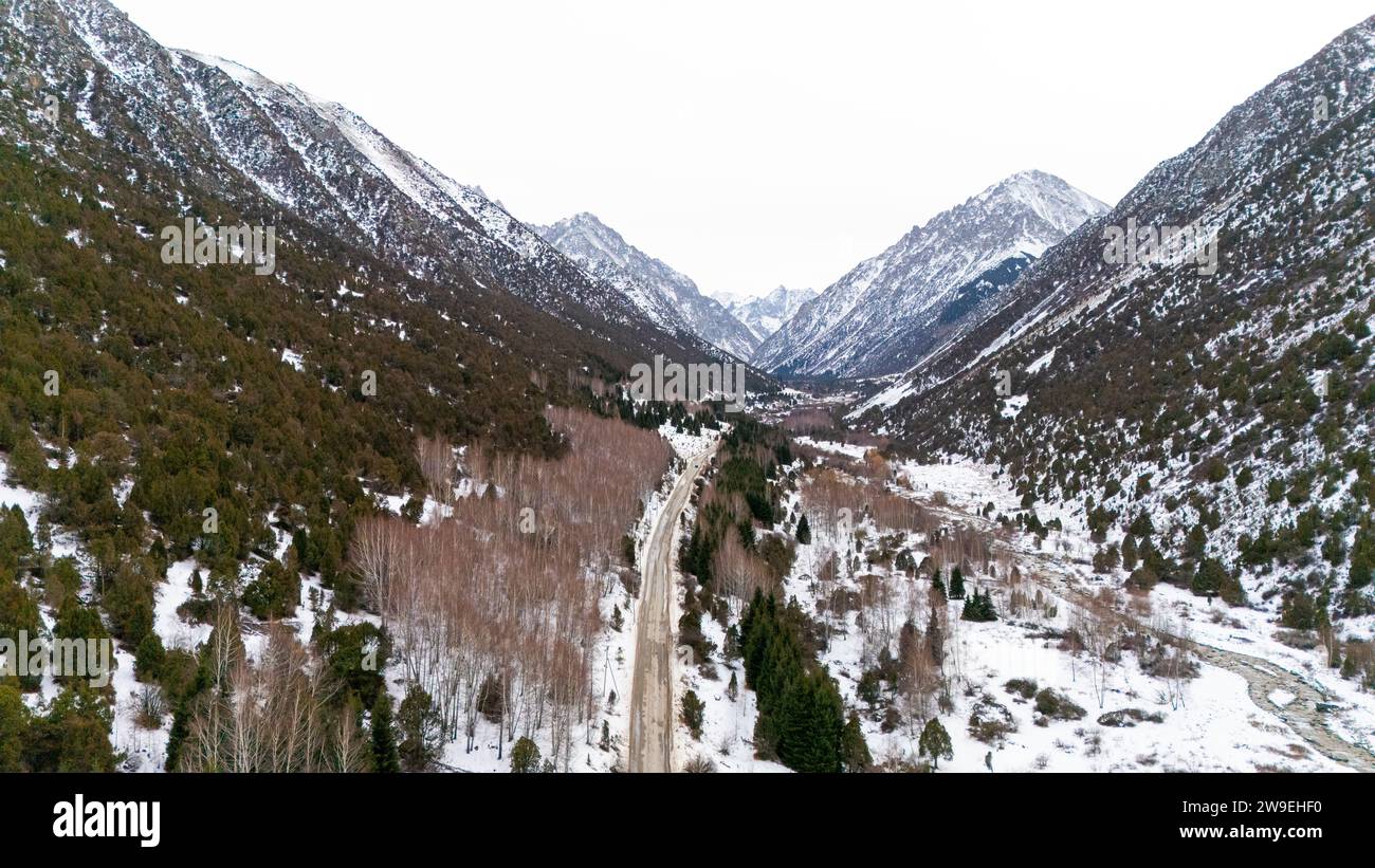 Aerial view of snow capped mountains and fir trees in the Ala-Archa ...