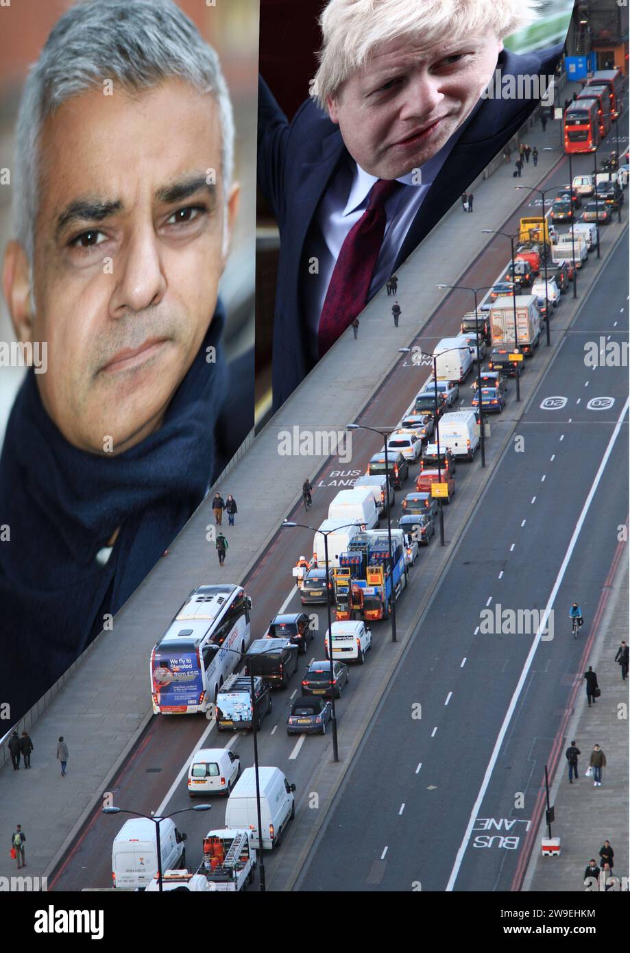 London traffic. Mayor of London. Sadiq Khan. Boris Johnson. Traffic congestion. ULEZ. Congestion charge. LEZ. Bus lanes. Cycle lanes. Pedestrians. Pollution. Asthma. Lung disease. Transport. Taxis. Taxes. Private hire. Commercial vehicles. Drivers. Driving. Stock Photo