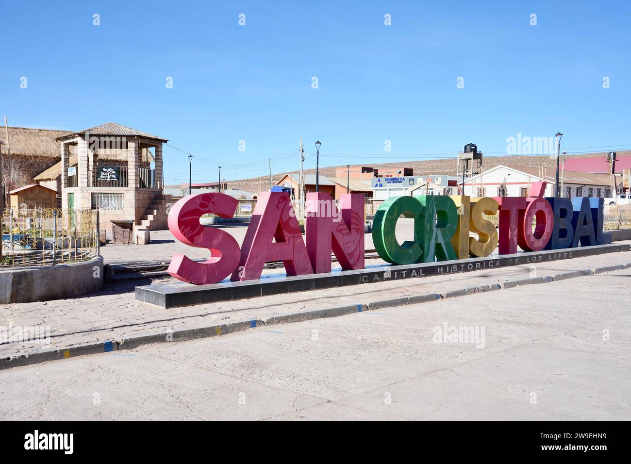 Large Colourful Town Sign in San Cristóbal, Bolivia. Stock Photo