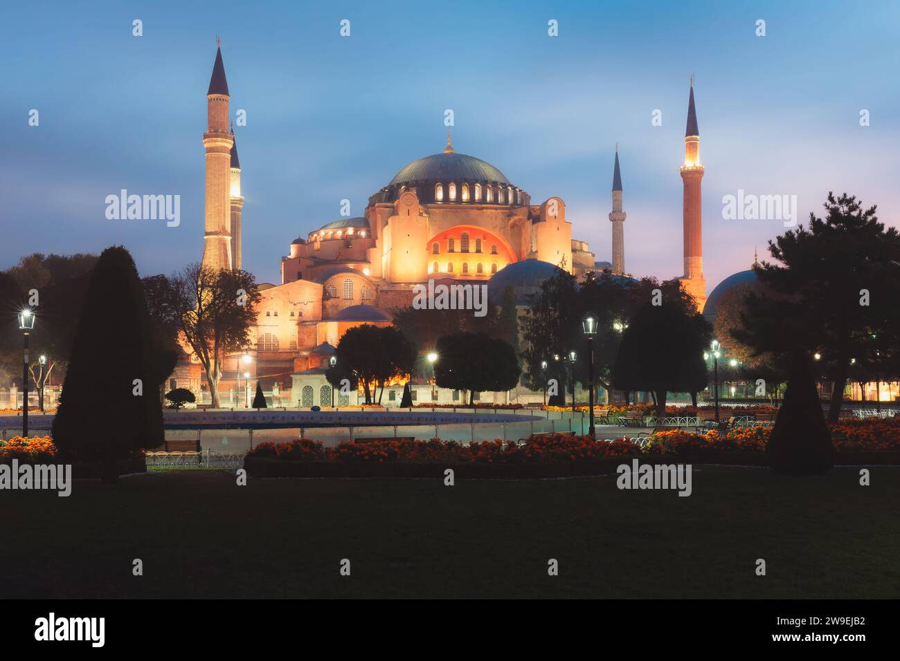 A pre-sunrise view from Sultanahmet Park in Istanbul, Turkey of the iconic Hagia Sophia, once a Byzantine Church converted to a mosque by the Ottomans Stock Photo