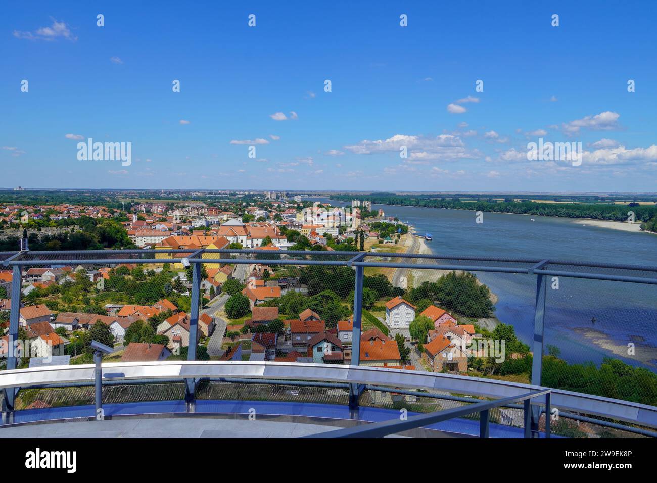 The roof structure of the Vukovar water tower with a panoramic view of Vukovar and Danube Stock Photo