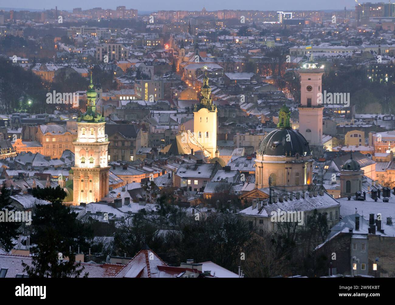 Lviv panorama in winter night, Ukraine Stock Photo