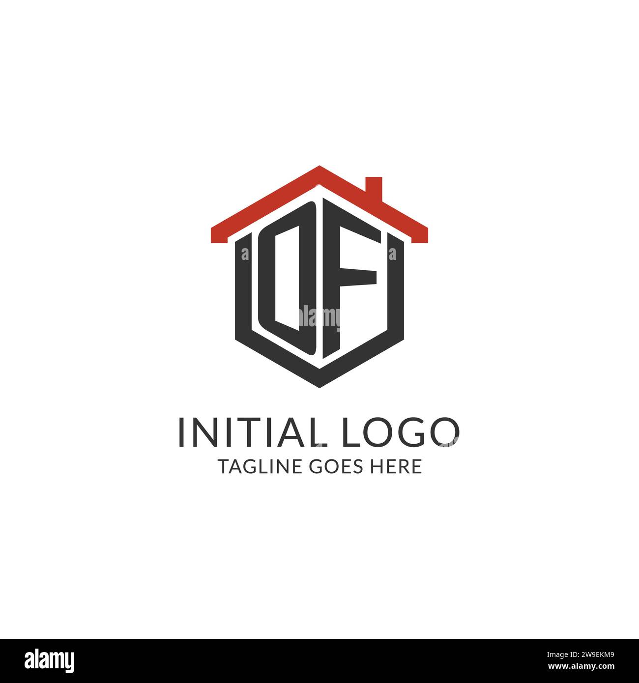 Initial logo OF monogram with home roof hexagon shape design, simple ...