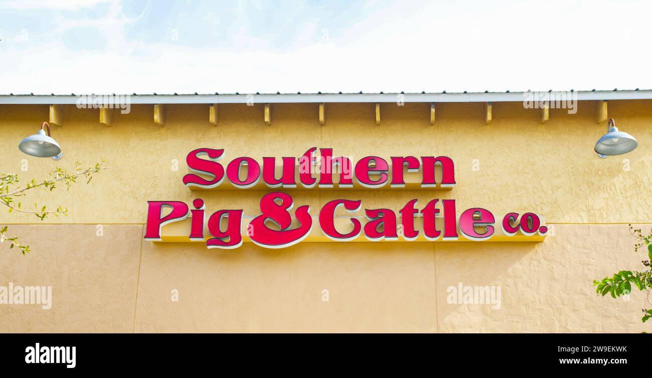 Ocala, Florida USA November 2023 Southern Pig and Cattle Company smokehouse grill char grilled family restaurant barbeque BBQ red signage facade on fr Stock Photo