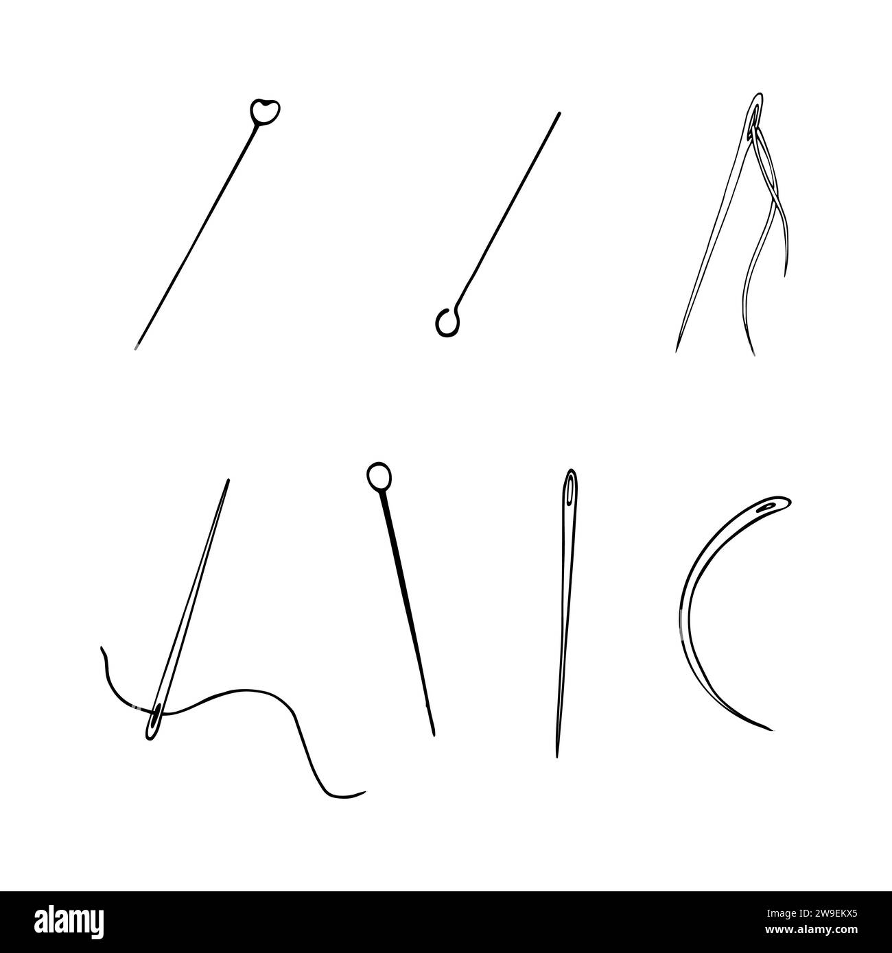 Set of needles with thread, and pins. Needle icon on white background. Sewing tools, tailoring