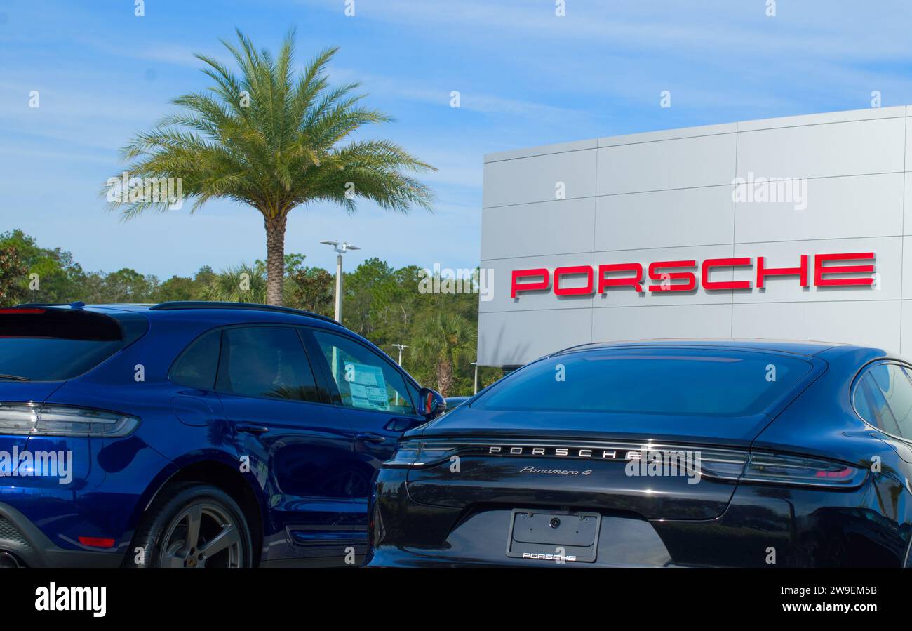 OCALA, FLORIDA USA OCTOBER 22, 2023 Porsche dealership with red logo