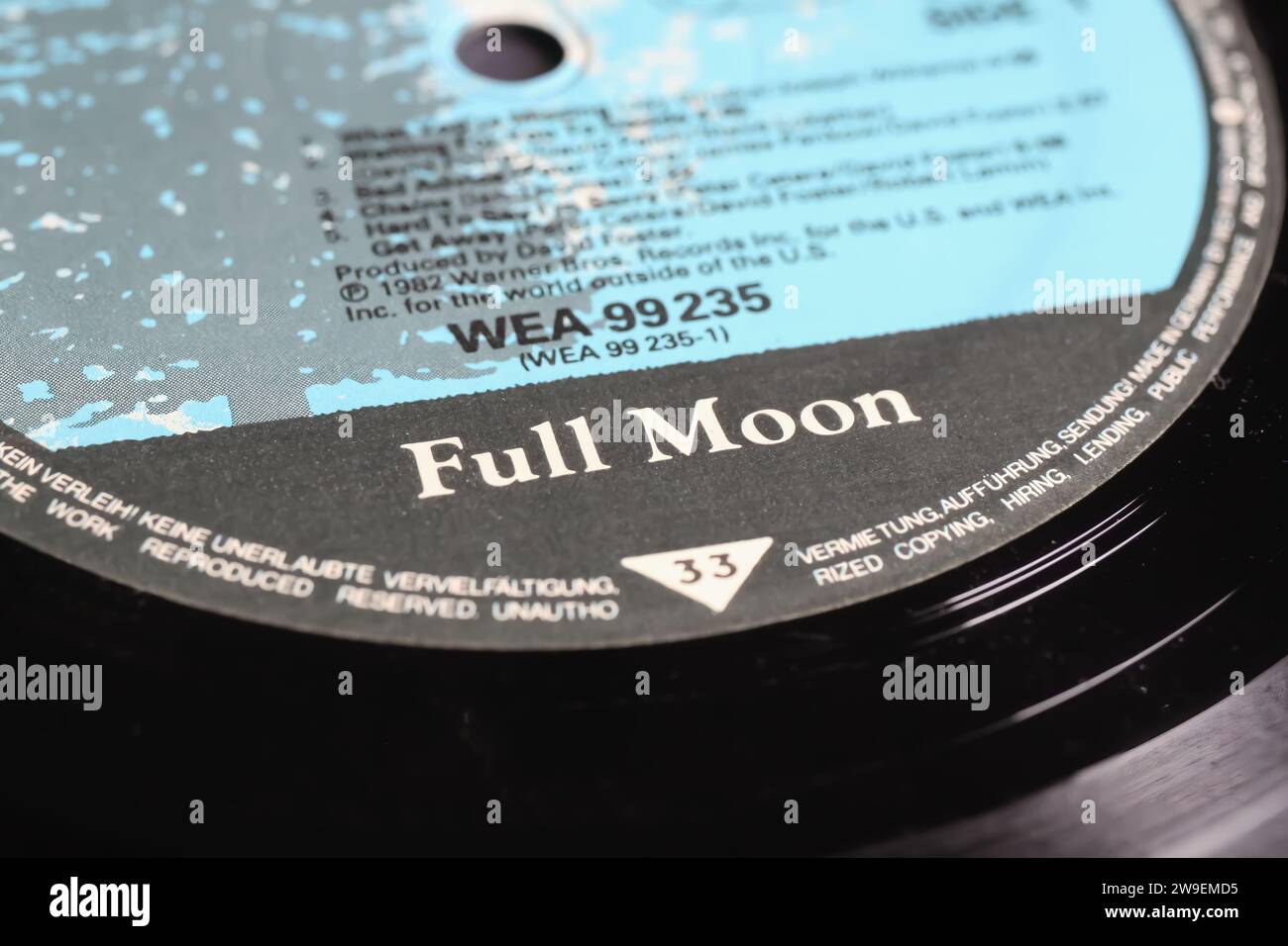 Viersen, Germany - May 9. 2023: Closeup of vinyl album label of Full Moon records company Stock Photo