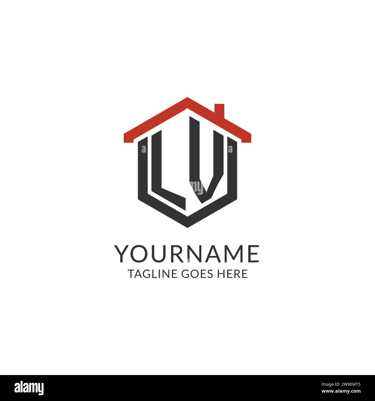 Initial logo LV monogram with home roof hexagon shape design, simple ...