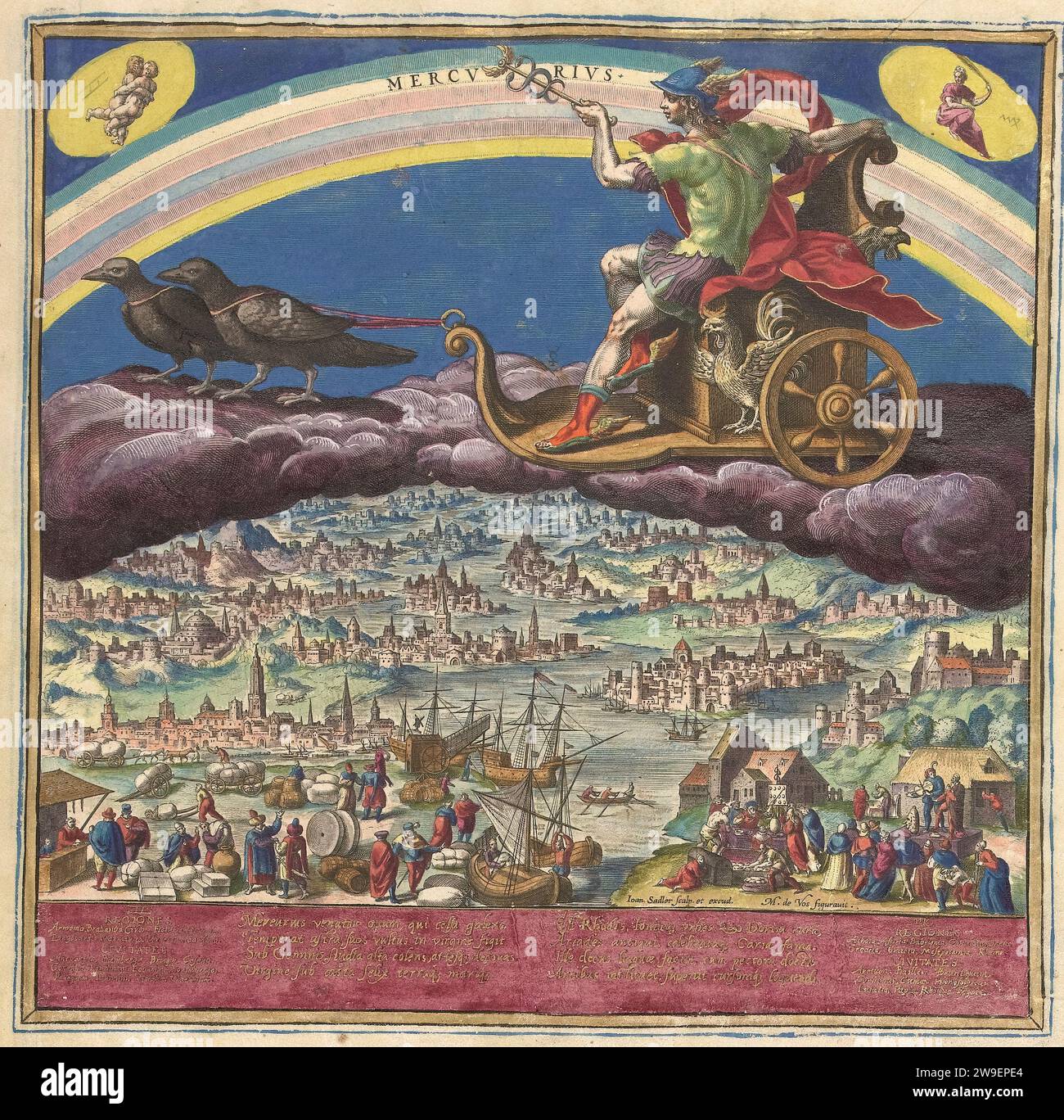 The planet Mercury and its influence on the world The Seven Planets (series title) -1585 by Maerten de Vos Effects of the planets and their signs in the zodiac (series title) - Mercury, riding on the clouds in his chariot drawn by two crows. In the top left corner the constellation Gemini, right Virgo. At the bottom a coastal landscape with the ports (including Antwerp). Trade is conducted in the cities. In the foreground are merchants with goods being embarked. In the front right a quack and a theater performance. The performance includes a poem of praise in Latin about the influence of the p Stock Photo
