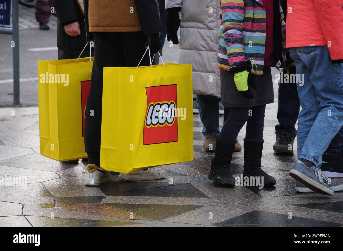 Copenhagen, Denmark /27 December 2023/Lego bricks shopper with lego bags in danish capital Copenhagn. Photo.Francis Joseph Dean/Dean Pictures Stock Photo