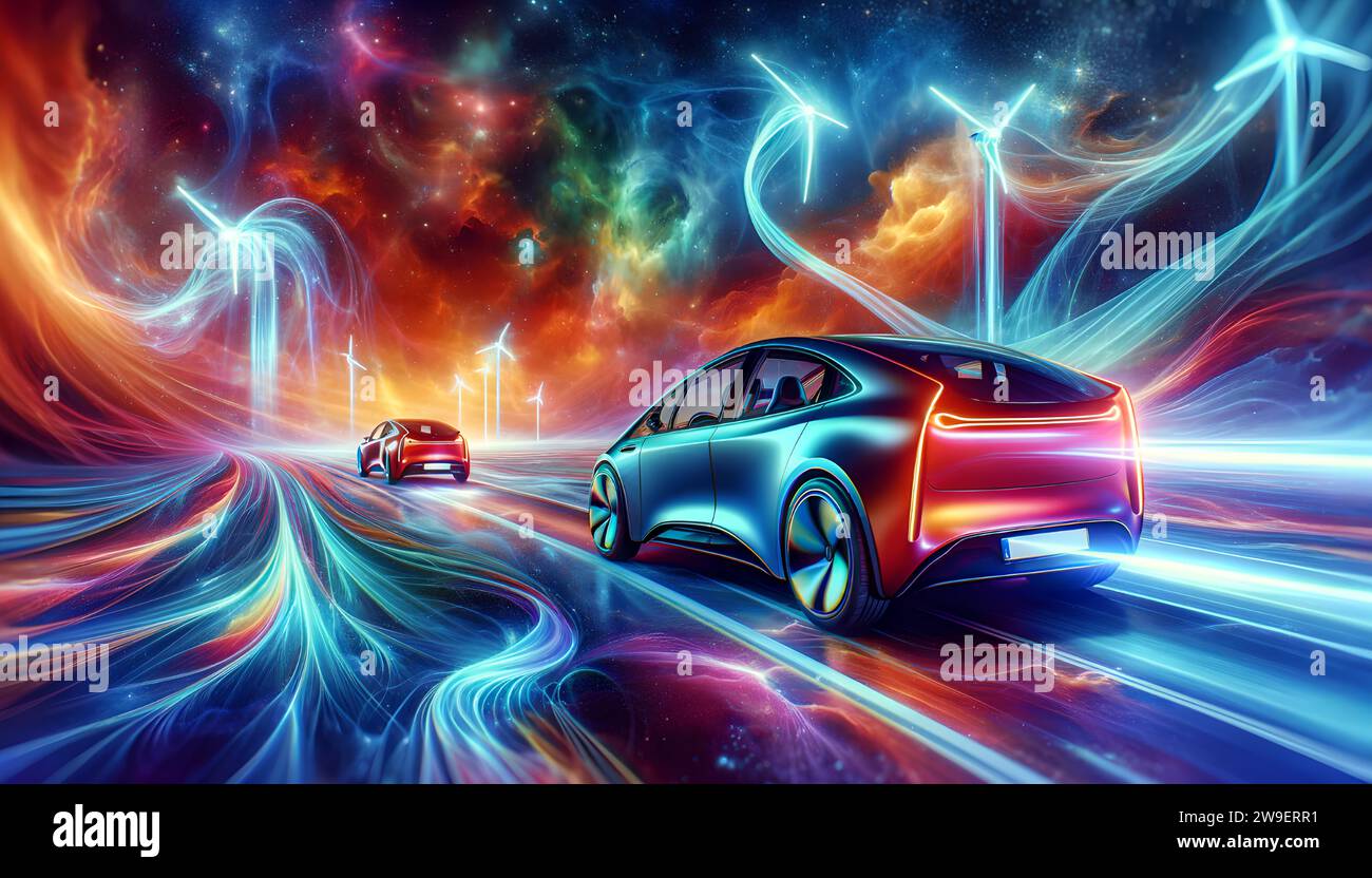 Futuristic electric cars with vibrant energy waves and cosmic background. Stock Photo
