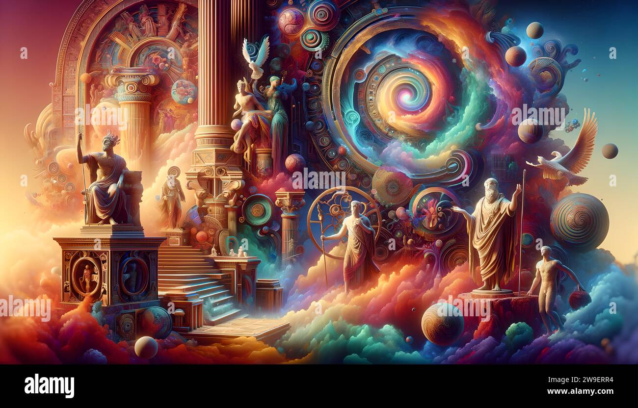 Vibrant, surreal depiction of ancient mythology, featuring timeless statues and artwork in a dream-like scene Stock Photo