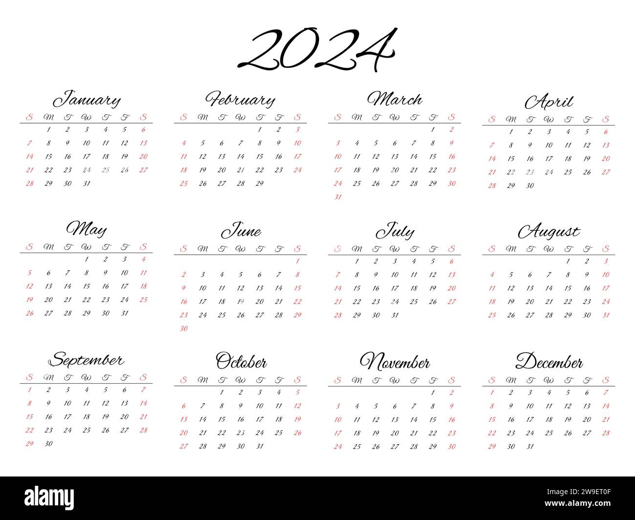 2024 English Calendar. Modern Vector Editable Illustration. Plan Your 