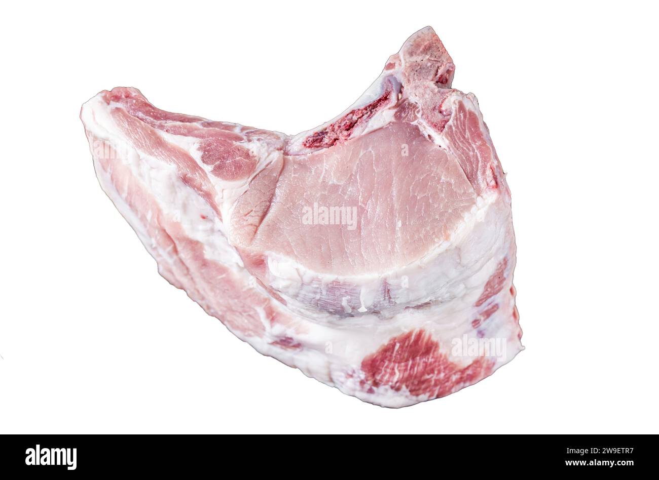 Raw rack of pork loin chops with ribs Isolated on white background, top