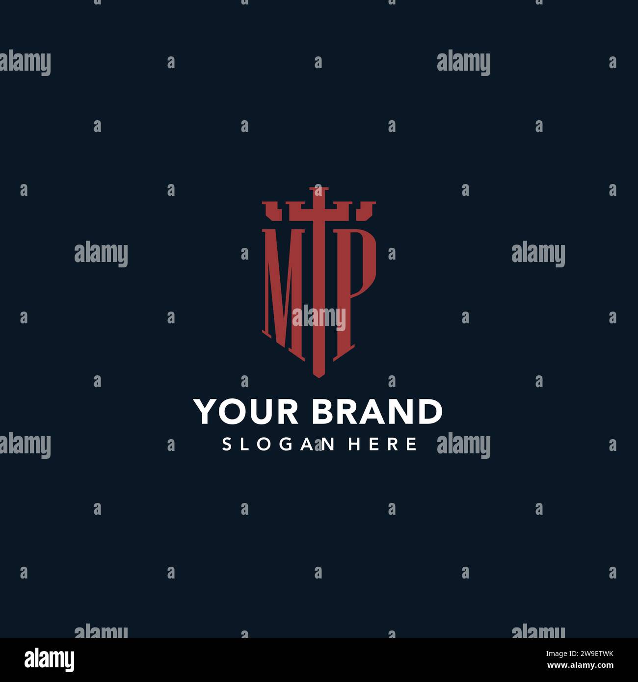 MP initial monogram logos with sword and shield shape design ideas Stock Vector